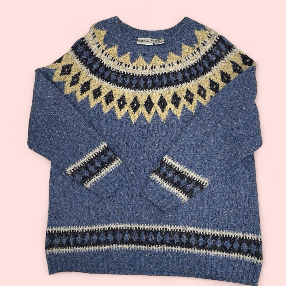 Cute y2k soft wool blend faire isle cozy sweater boucle blue